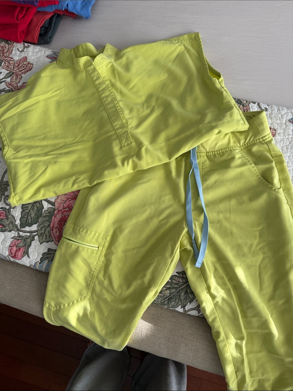 Figs Lime Green Drawstring Jogger Set with Blue Tie